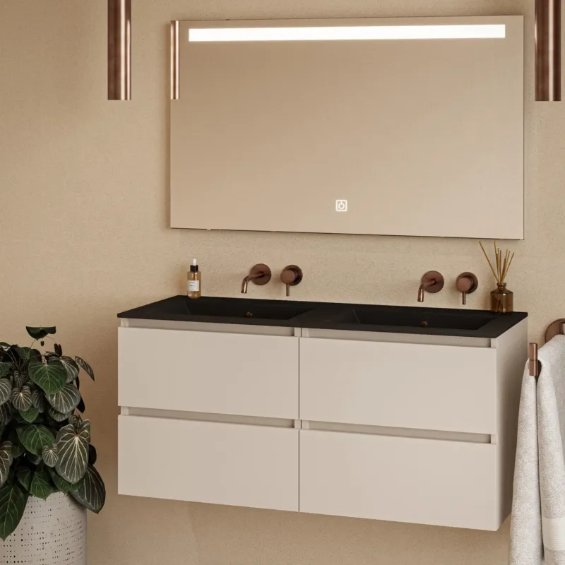 Lage Kosten Fontana Rovigo badmeubel 120cm warm linnen met zwarte wastafel zonder kraangaten en spiegel met verlichting