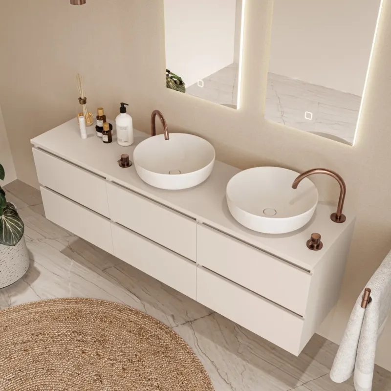 Uitverkoop Fontana Proma badmeubel 180cm met witte waskommen warm linnen