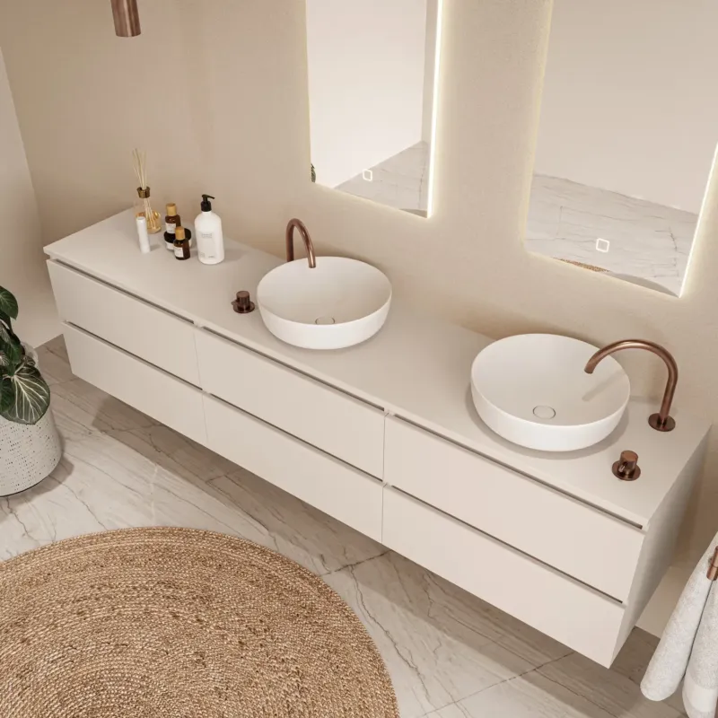 Dagaanbieding Fontana Proma badmeubel 240cm met witte waskommen warm linnen