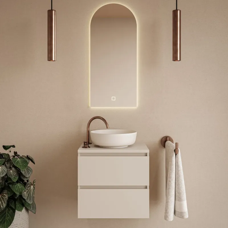 Fontana Proma badkamermeubel 60cm met witte waskom en LED spiegel warm linnen Betrouwbaar