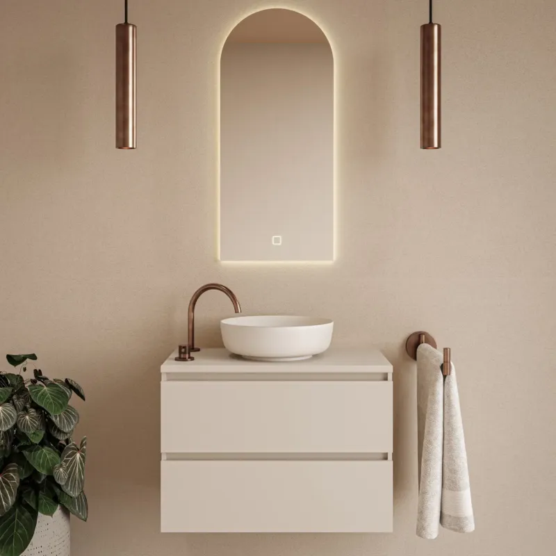 Fontana Proma badkamermeubel 80cm met witte waskom en LED spiegel warm linnen Direct Verzonden