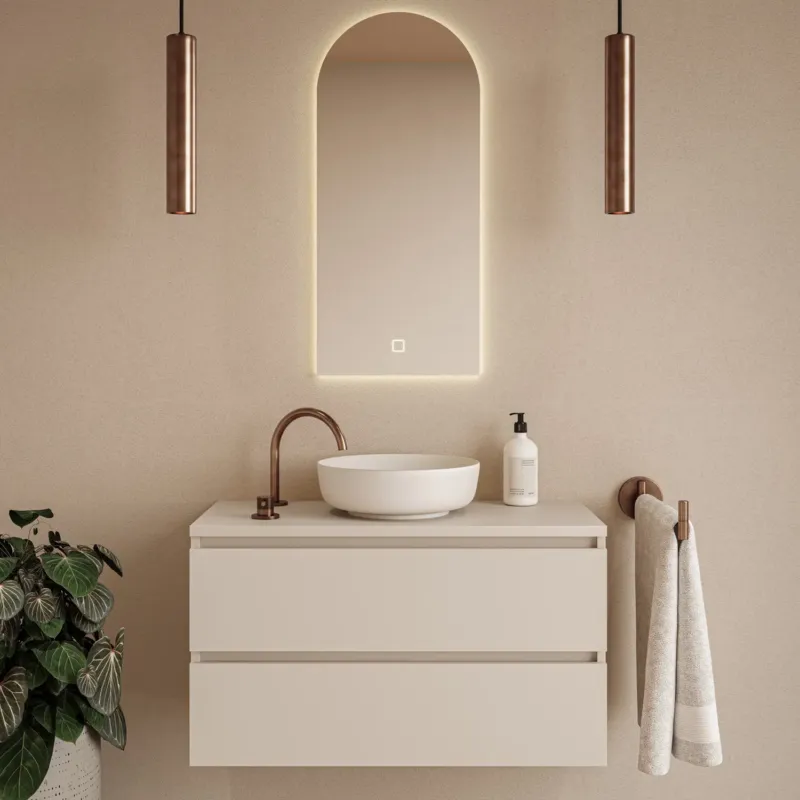 Fontana Proma badkamermeubel 100cm met witte waskom en LED spiegel warm linnen Merkproduct