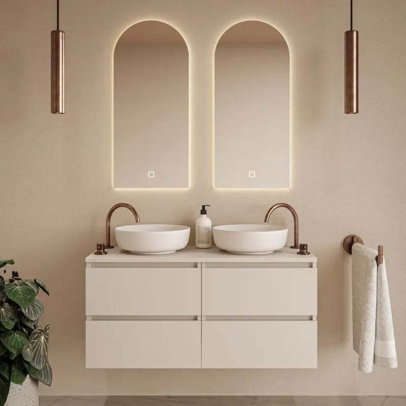Fontana Proma badkamermeubel 120cm met witte waskommen en LED spiegel warm linnen Nu Kopen
