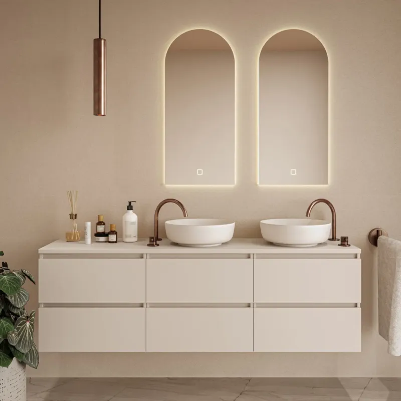 Actieprijs Fontana Proma badkamermeubel 180cm met witte waskommen en LED spiegels warm linnen