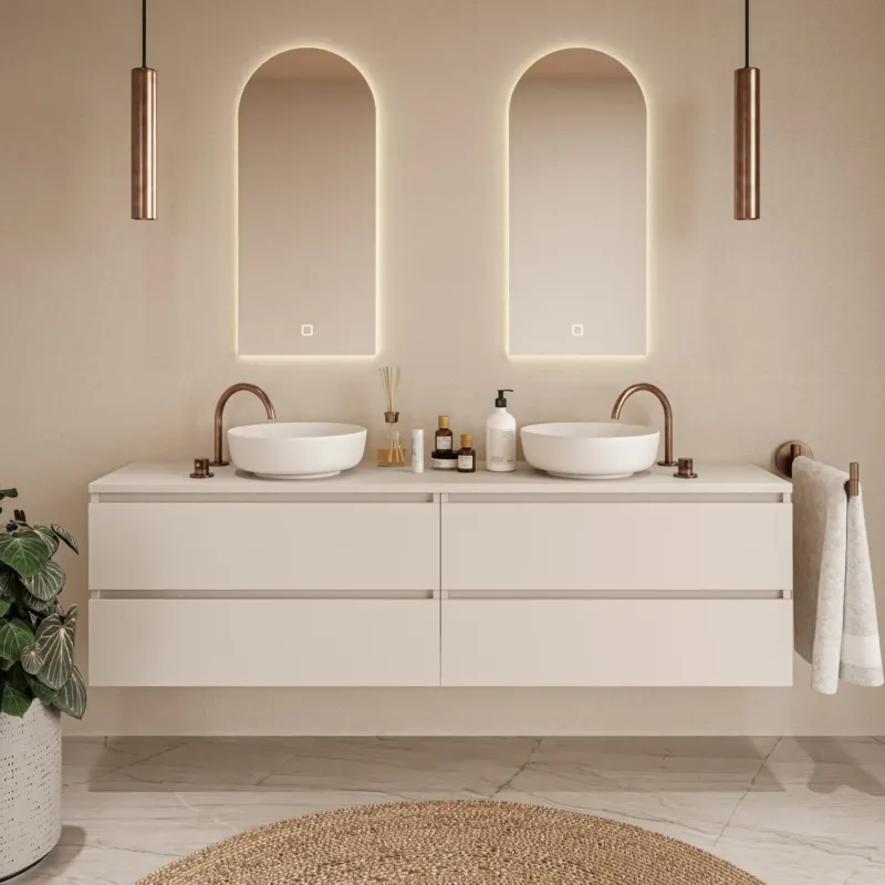 Lage Kosten Fontana Proma badkamermeubel 200cm met witte waskommen en LED spiegels warm linnen