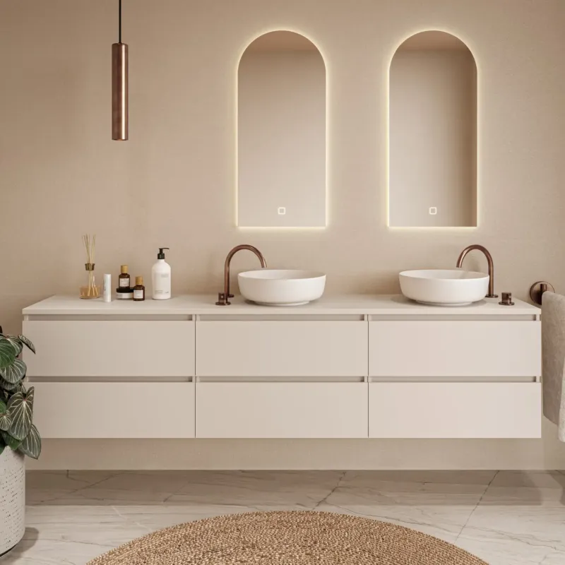 Fontana Proma badkamermeubel 240cm met witte waskommen en LED spiegels warm linnen Laatste Versie