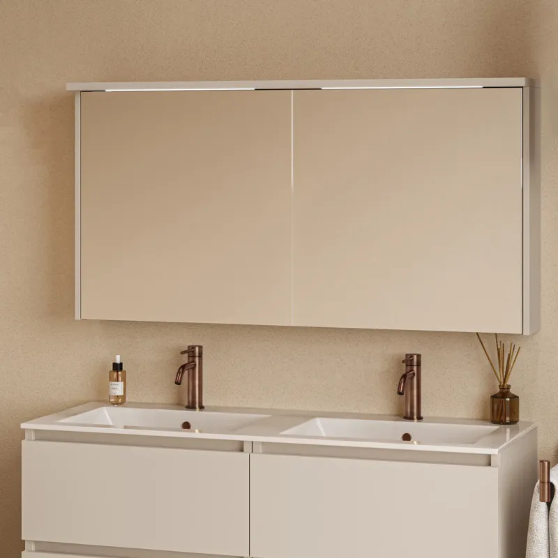 Fontana Grado spiegelkast met verlichting 117cm 2 deuren warm linnen Speciale Aanbieding