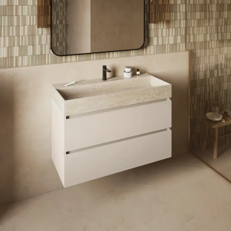 Bestseller Fontana White Travertin badkamermeubel warm linnen 100cm met kraangat