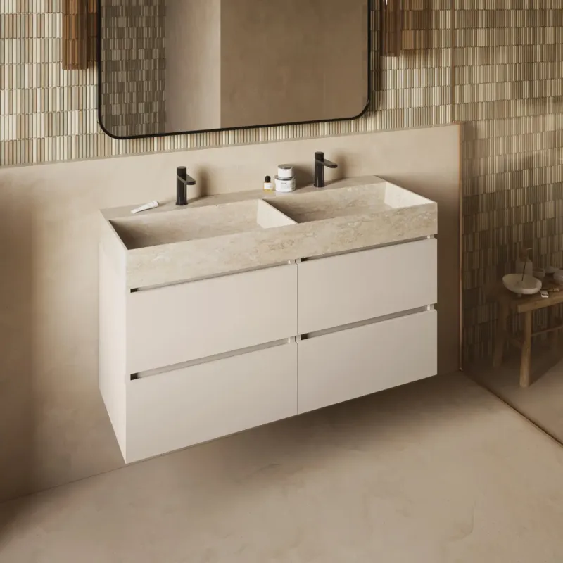 Beperkte Voorraad Fontana White Travertin badkamermeubel warm linnen 120cm met 2 kraangaten