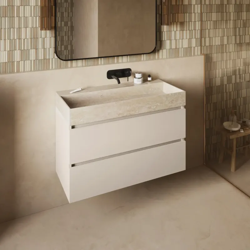 Fontana White Travertin badkamermeubel warm linnen 100cm zonder kraangat Gecertificeerd