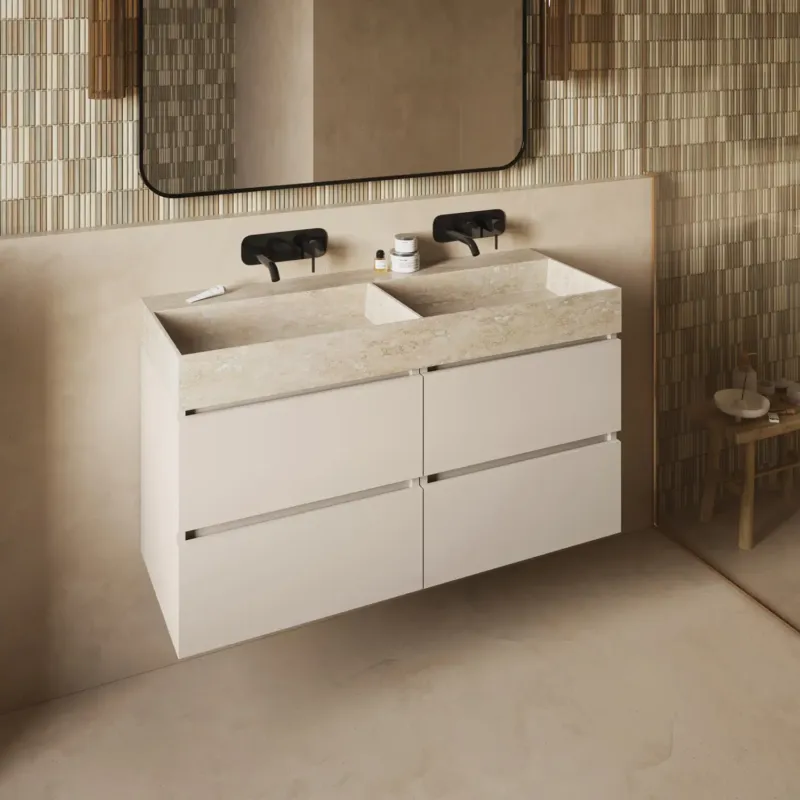 Fontana White Travertin badkamermeubel warm linnen 120cm zonder kraangat Exclusieve Aanbieding