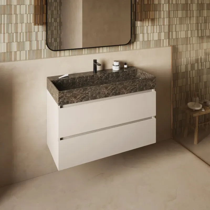 Fontana Dark Emperador badkamermeubel warm linnen 100cm met kraangat Hete Deal