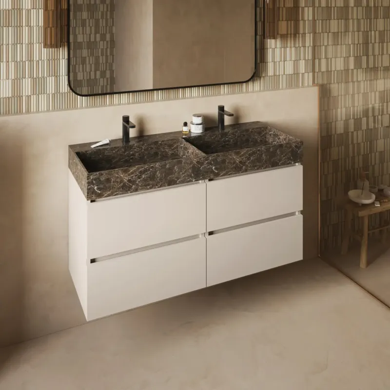 Rechtstreeks Van De Fabrikant Fontana Dark Emperador badkamermeubel warm linnen 120cm met 2 kraangaten