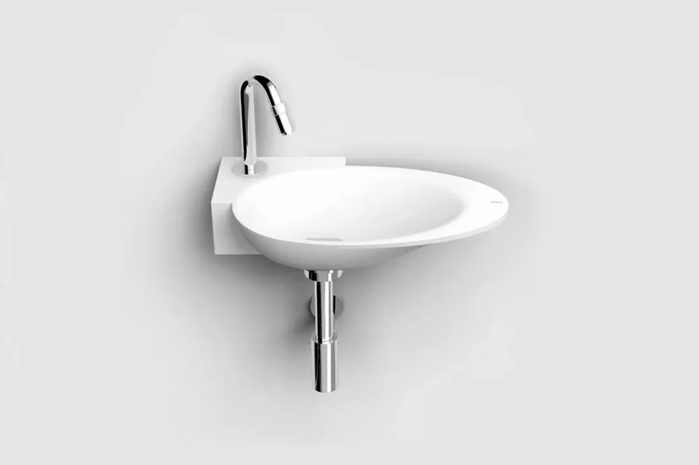 Uitverkoop Clou First hoekfontein solid surface 39cm met kraangat links wit mat