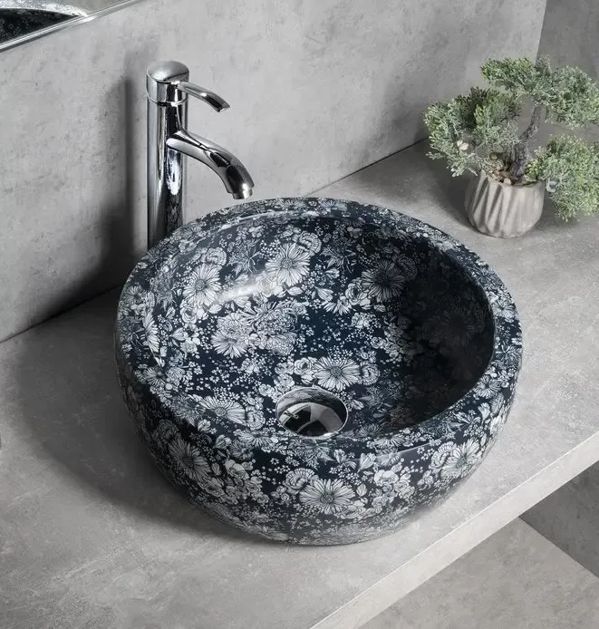 Voordeelprijs Sapho Priori waskom rond 40cm wit-blauw met decoratie