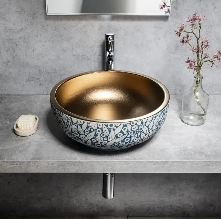 Seizoensaanbieding Sapho Priori waskom rond 40cm blauw-brons met decoratie