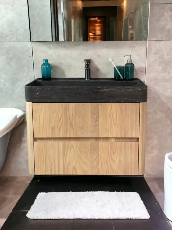 Lage Prijs B-Stone Branson badmeubel eiken met natuurstenen wastafel 80cm