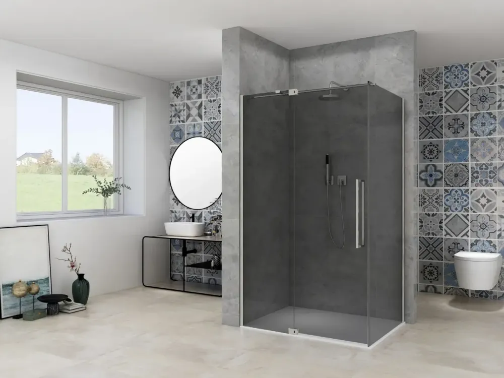 Fabrieksprijs Van Rijn ST08 hoekcabine met draaideur rook glas 120x120cm RVS