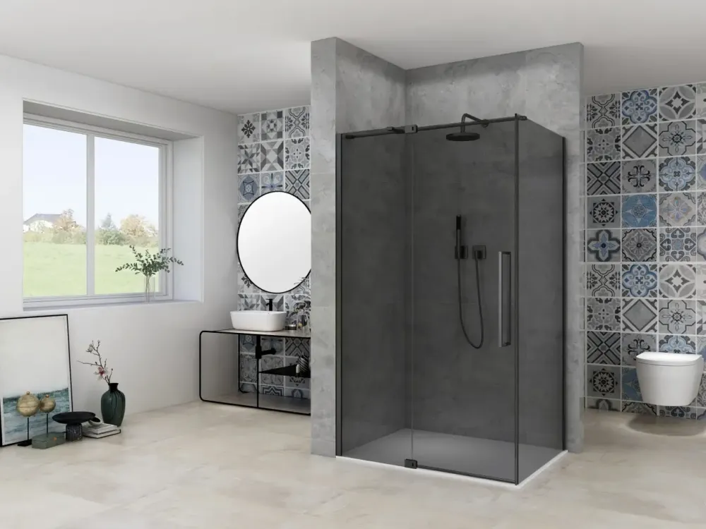 Aanbieding Van Rijn ST08 hoekcabine met draaideur rook glas 100x120cm zwart