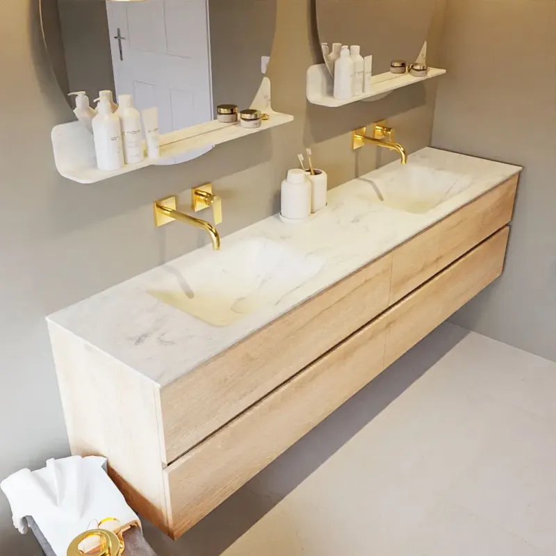 Alleen Vandaag Mondiaz Vica DLux badmeubel 200cm washed oak 4 lades met wastafel opalo dubbel zonder kraangat