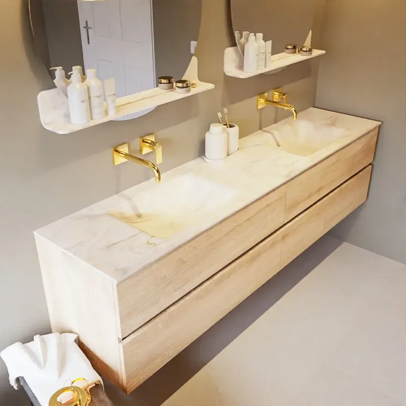 Nu Kopen Mondiaz Vica DLux badmeubel 200cm washed oak 4 lades met wastafel ostra dubbel zonder kraangat