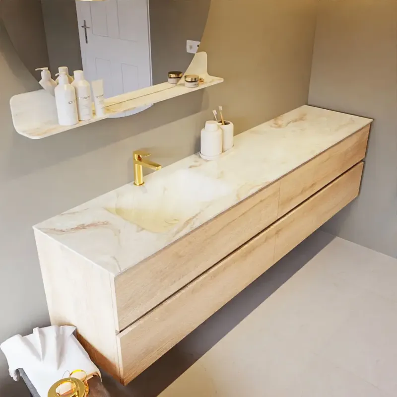 Mondiaz Vica DLux badmeubel 200cm washed oak 4 lades met wastafel frappe links 1 kraangat Direct Beschikbaar