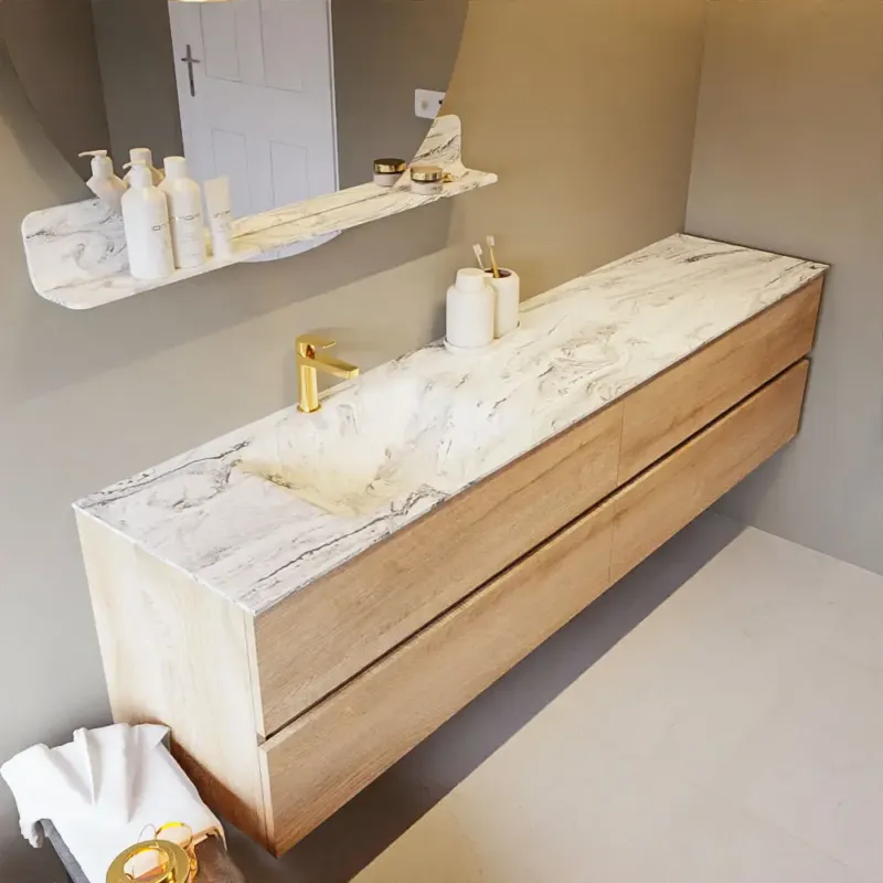 Aanbieding Mondiaz Vica DLux badmeubel 200cm washed oak 4 lades met wastafel glace links 1 kraangat