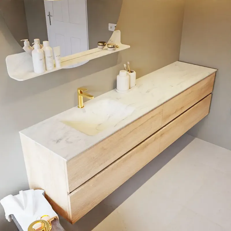 Express Levering Mondiaz Vica DLux badmeubel 200cm washed oak 4 lades met wastafel opalo links 1 kraangat