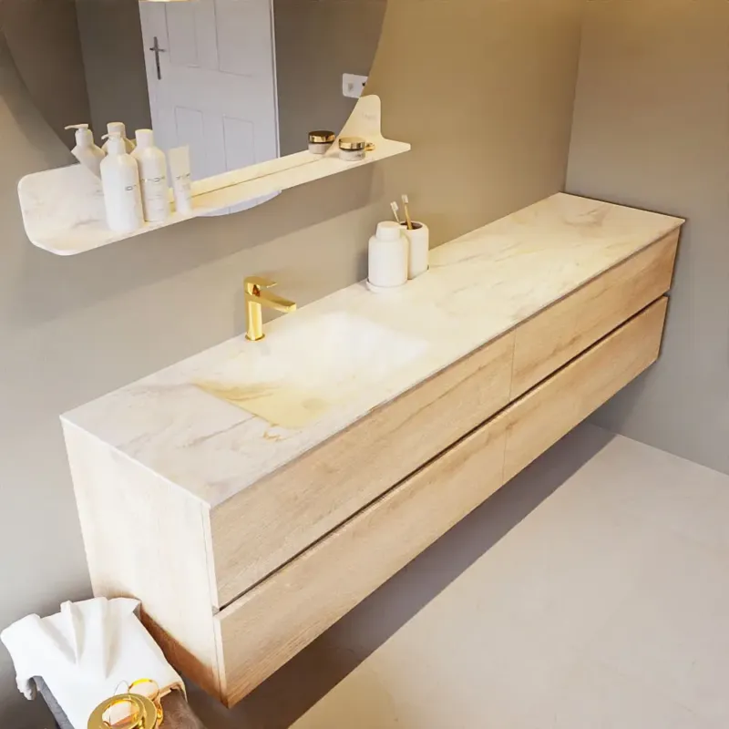 Mondiaz Vica DLux badmeubel 200cm washed oak 4 lades met wastafel ostra links 1 kraangat Dagaanbieding