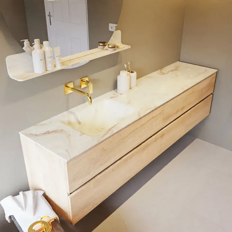 Mondiaz Vica DLux badmeubel 200cm washed oak 4 lades met wastafel frappe links zonder kraangat Dagaanbieding