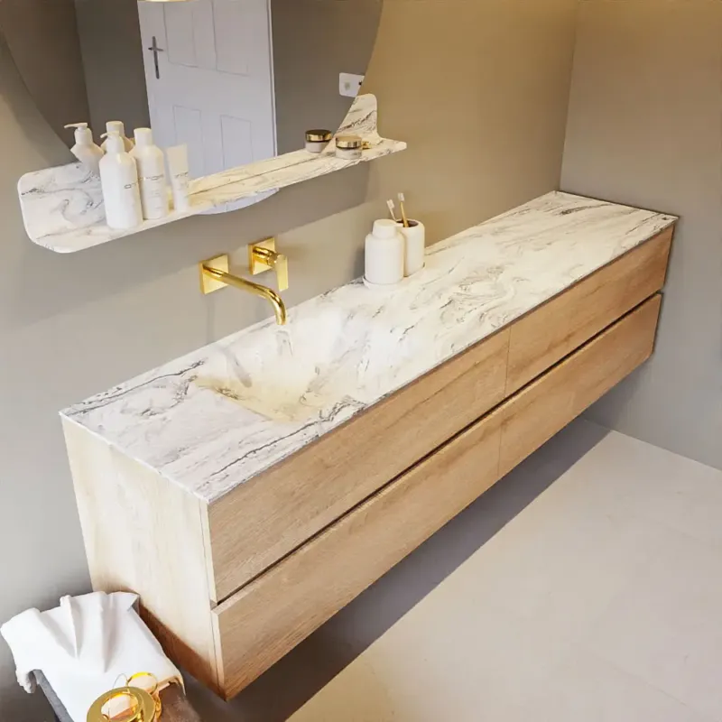Op = Op Mondiaz Vica DLux badmeubel 200cm washed oak 4 lades met wastafel glace links zonder kraangat