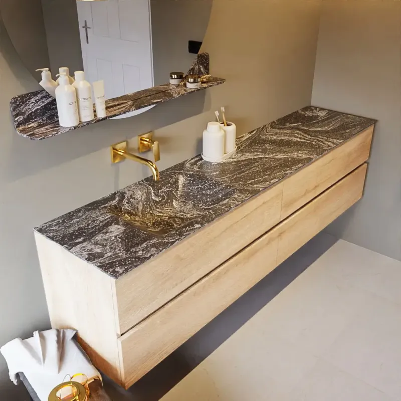 Op = Op Mondiaz Vica DLux badmeubel 200cm washed oak 4 lades met wastafel lava links zonder kraangat
