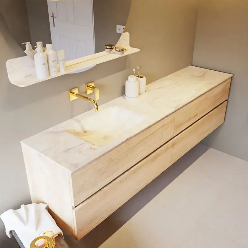 Mondiaz Vica DLux badmeubel 200cm washed oak 4 lades met wastafel ostra links zonder kraangat Must-Have