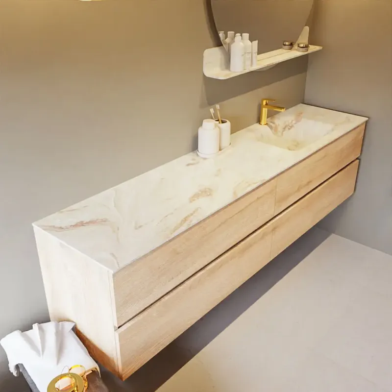 Bestel Nu Mondiaz Vica DLux badmeubel 200cm washed oak 4 lades met wastafel frappe rechts 1 kraangat