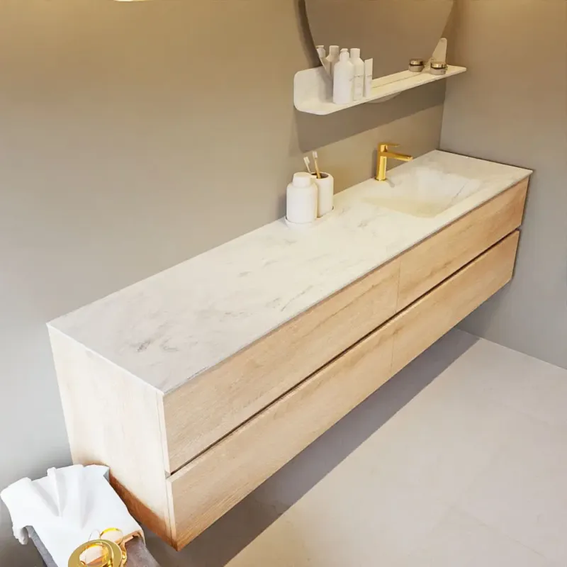 Hete Deal Mondiaz Vica DLux badmeubel 200cm washed oak 4 lades met wastafel opalo rechts 1 kraangat