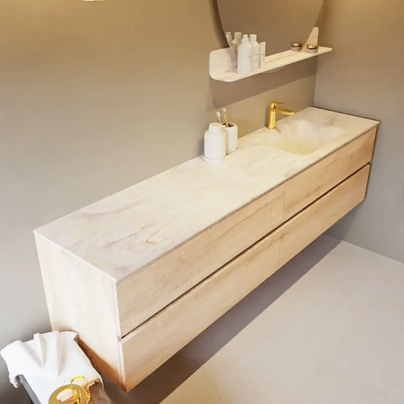 Betaalbaar Mondiaz Vica DLux badmeubel 200cm washed oak 4 lades met wastafel ostra rechts 1 kraangat
