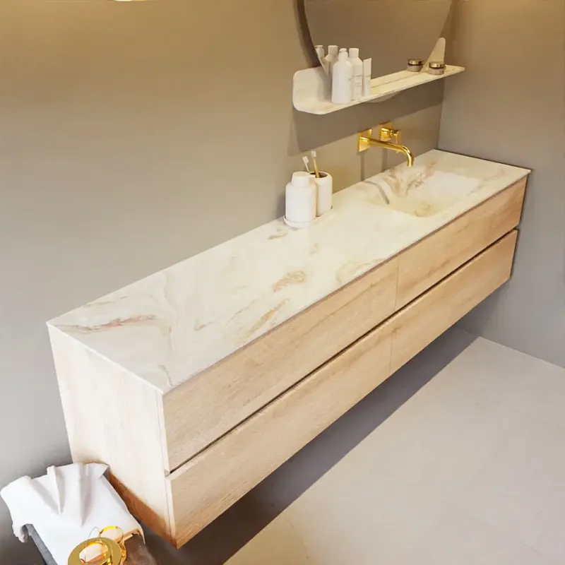 Mondiaz Vica DLux badmeubel 200cm washed oak 4 lades met wastafel frappe rechts zonder kraangat Nieuw