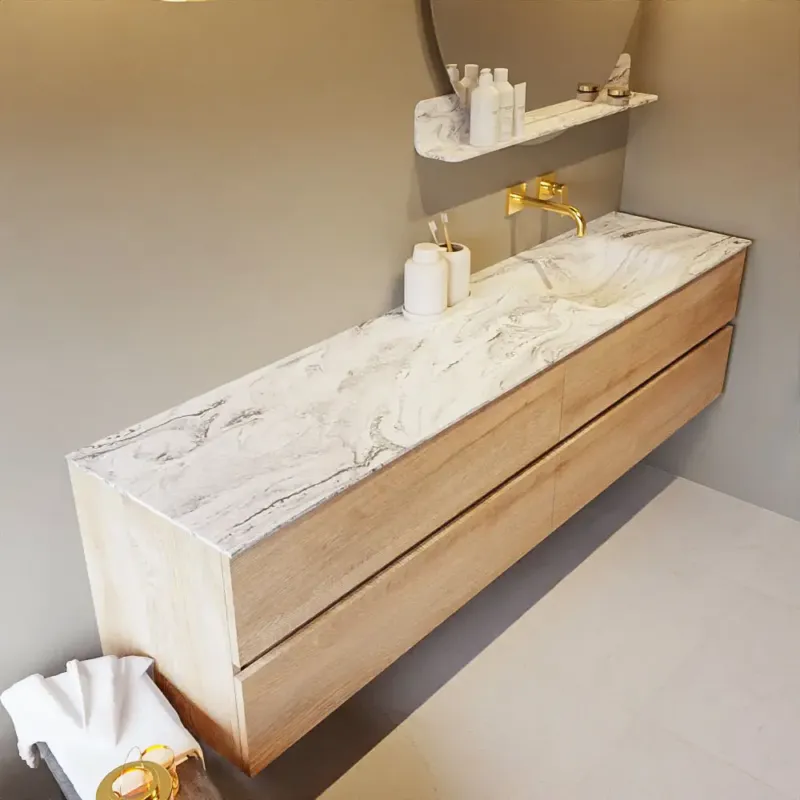 Seizoensaanbieding Mondiaz Vica DLux badmeubel 200cm washed oak 4 lades met wastafel glace rechts zonder kraangat