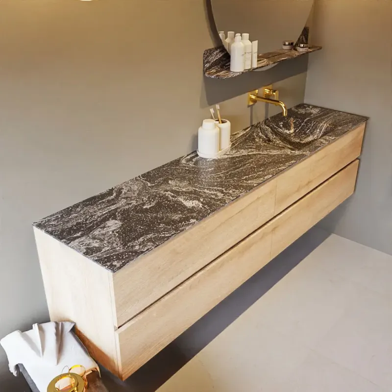 Direct Beschikbaar Mondiaz Vica DLux badmeubel 200cm washed oak 4 lades met wastafel lava rechts zonder kraangat