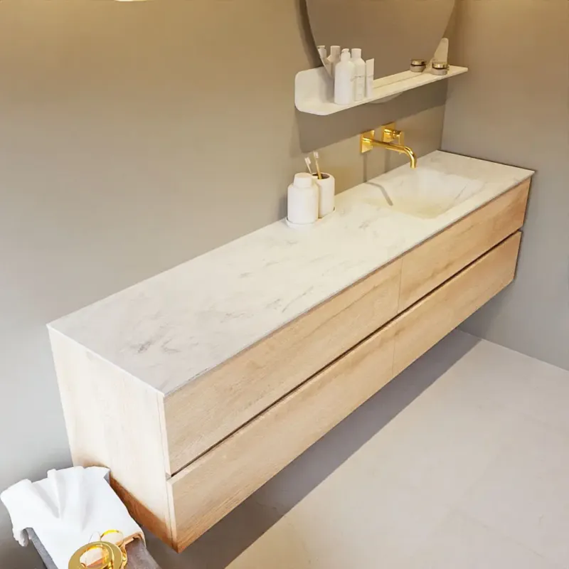 Mondiaz Vica DLux badmeubel 200cm washed oak 4 lades met wastafel opalo rechts zonder kraangat Alleen Vandaag