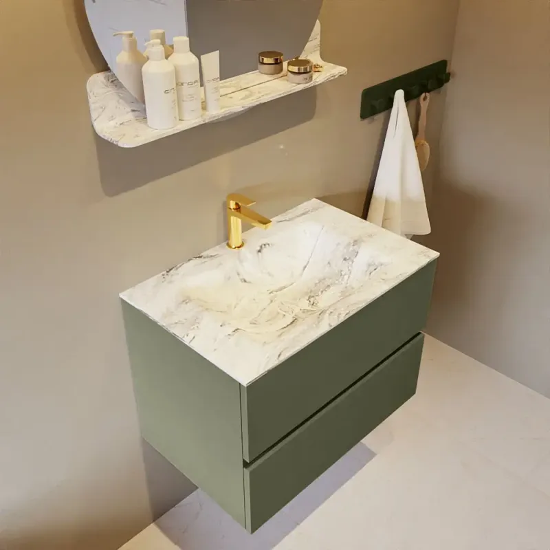 Mondiaz Vica DLux badmeubel 70cm army 2 lades met wastafel glace midden 1 kraangat Bestel Nu