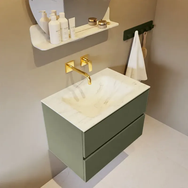 Premium Mondiaz Vica DLux badmeubel 70cm army 2 lades met wastafel opalo midden zonder kraangat