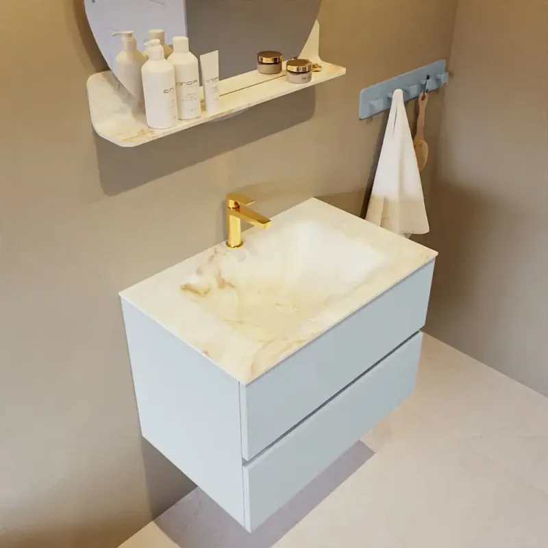 Lage Prijs Mondiaz Vica DLux badmeubel 70cm clay 2 lades met wastafel frappe midden 1 kraangat