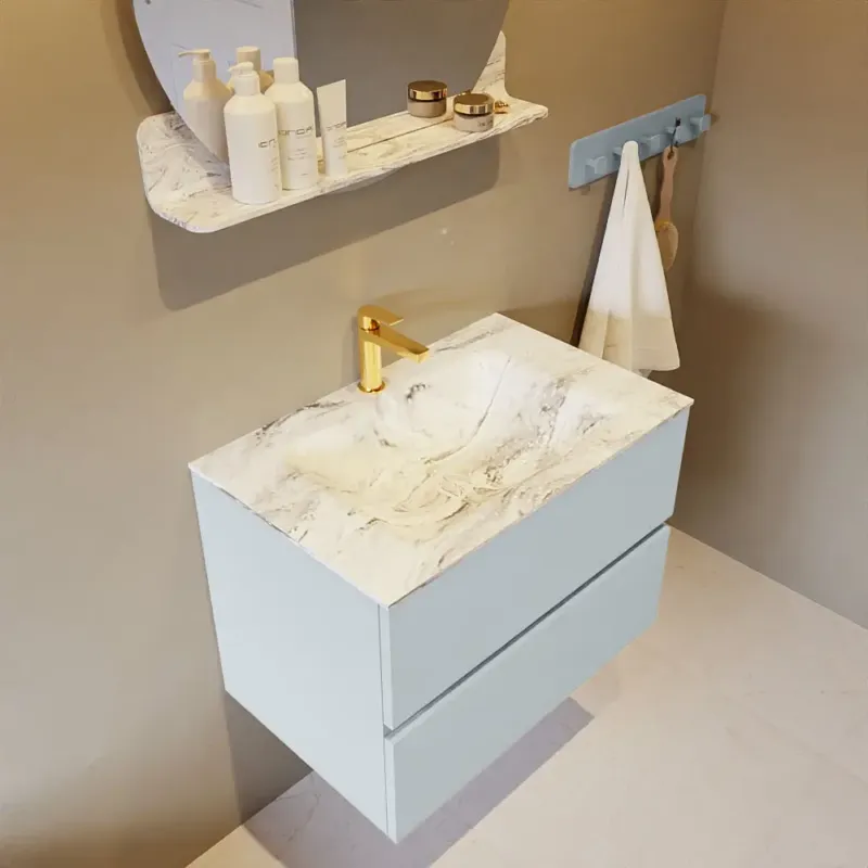 Mondiaz Vica DLux badmeubel 70cm clay 2 lades met wastafel glace midden 1 kraangat Voordeelprijs