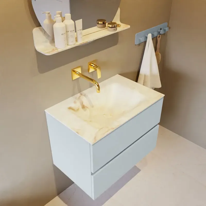 Superprijs Mondiaz Vica DLux badmeubel 70cm clay 2 lades met wastafel frappe midden zonder kraangat