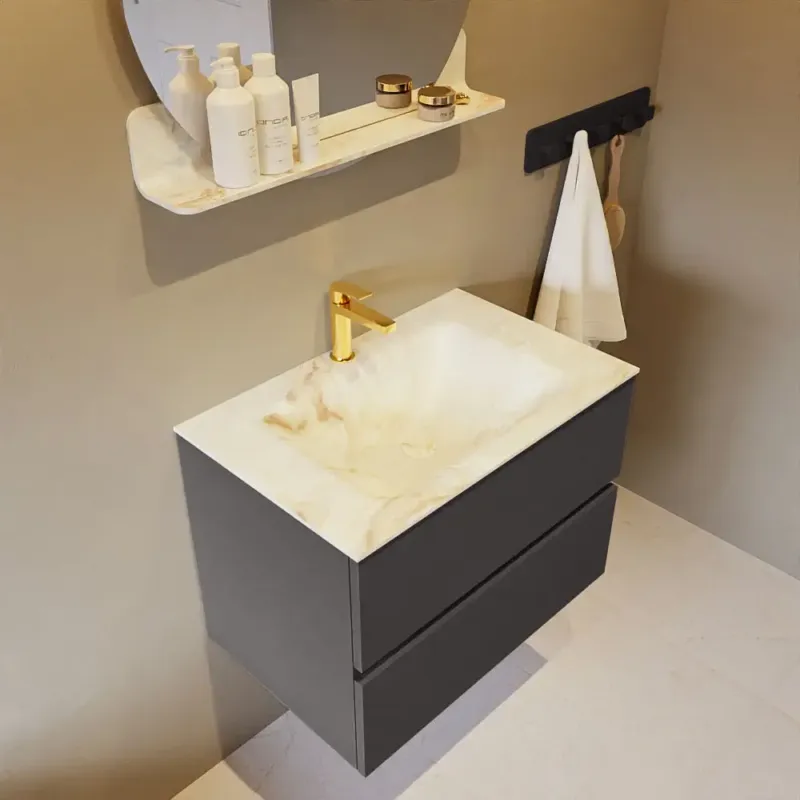 Mondiaz Vica DLux badmeubel 70cm dark grey 2 lades met wastafel frappe midden 1 kraangat Flitsaanbieding
