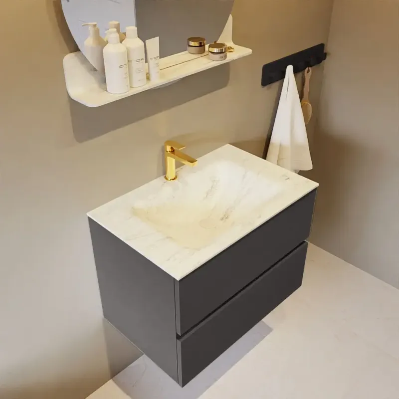 Mondiaz Vica DLux badmeubel 70cm dark grey 2 lades met wastafel opalo midden 1 kraangat Betaalbaar