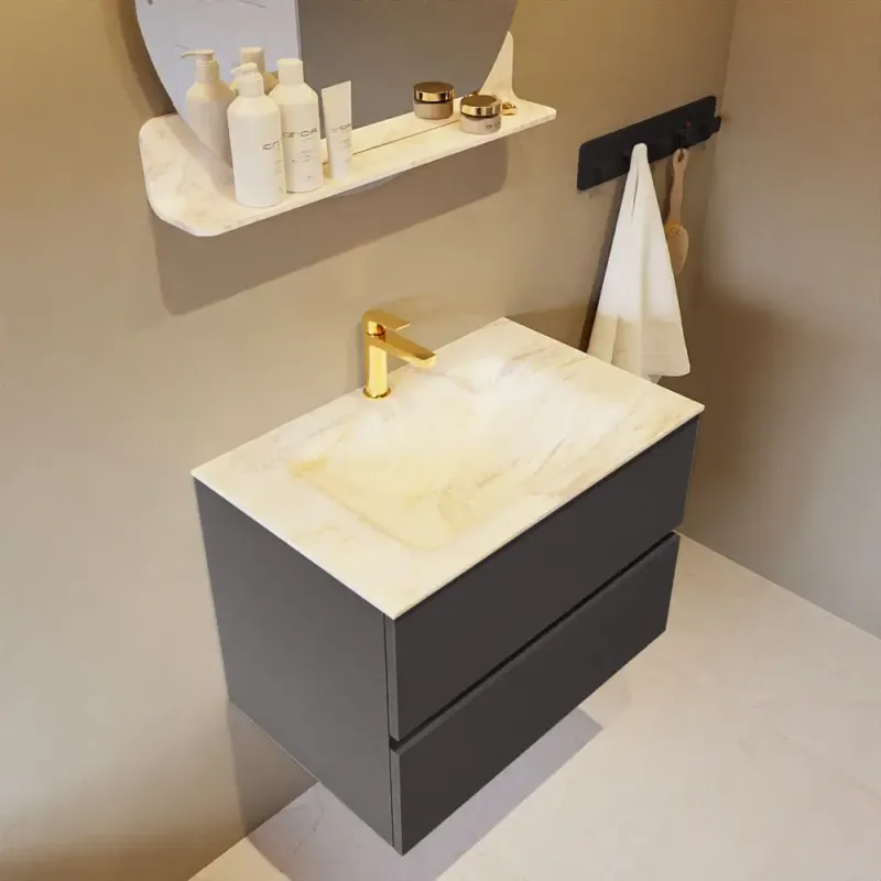 Voordeelprijs Mondiaz Vica DLux badmeubel 70cm dark grey 2 lades met wastafel ostra midden 1 kraangat