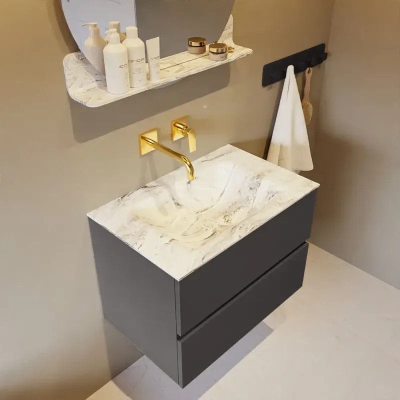 Lage Kosten Mondiaz Vica DLux badmeubel 70cm dark grey 2 lades met wastafel glace midden zonder kraangat