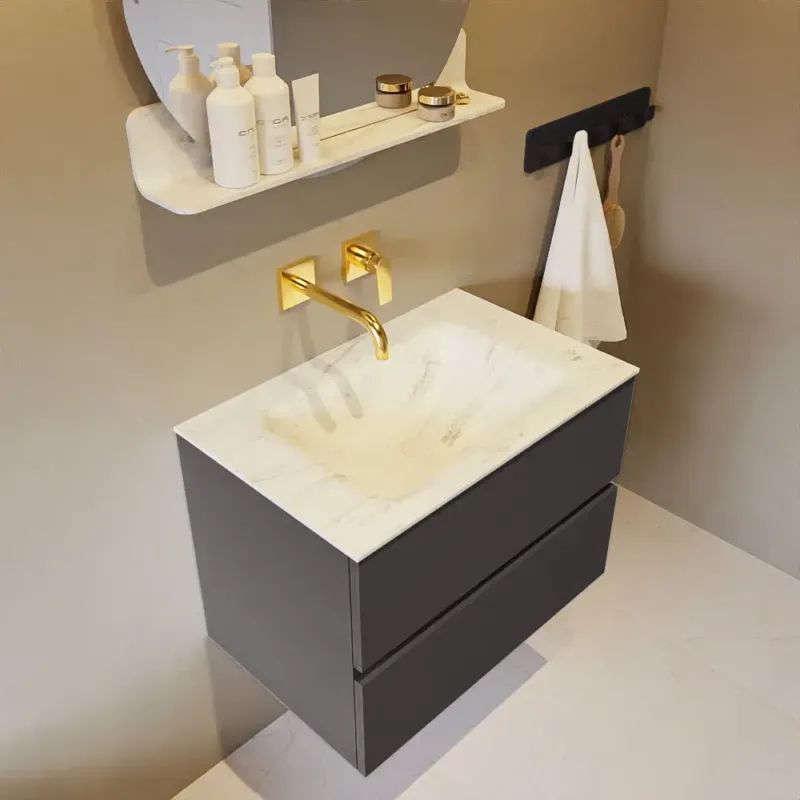 Tijdelijk Beschikbaar Mondiaz Vica DLux badmeubel 70cm dark grey 2 lades met wastafel opalo midden zonder kraangat